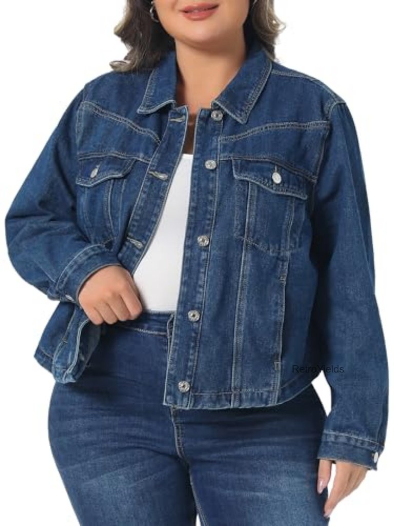 Women's Plus Size Denim Jacket Button Long Sleeve Stitching Shacket